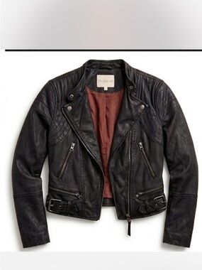 FREE PEOPLE Black Leather Moto Jacket with Quilted Shoulders